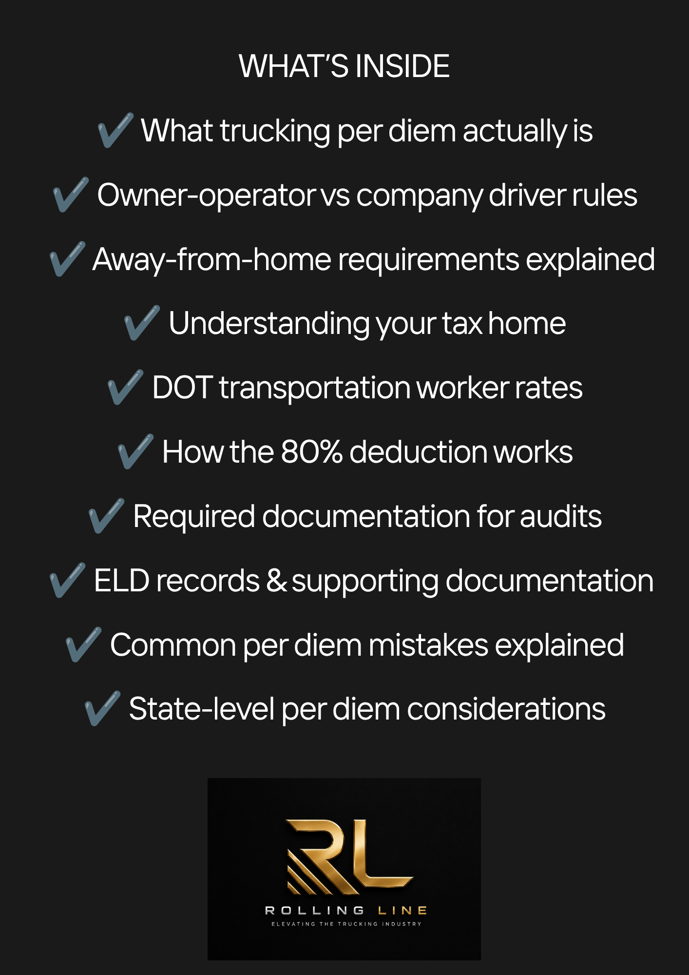 List of topics related to trucking per diem with Rolling Line logo at the bottom.