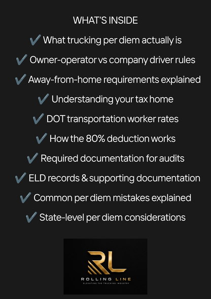 List of topics related to trucking per diem with Rolling Line logo at the bottom.