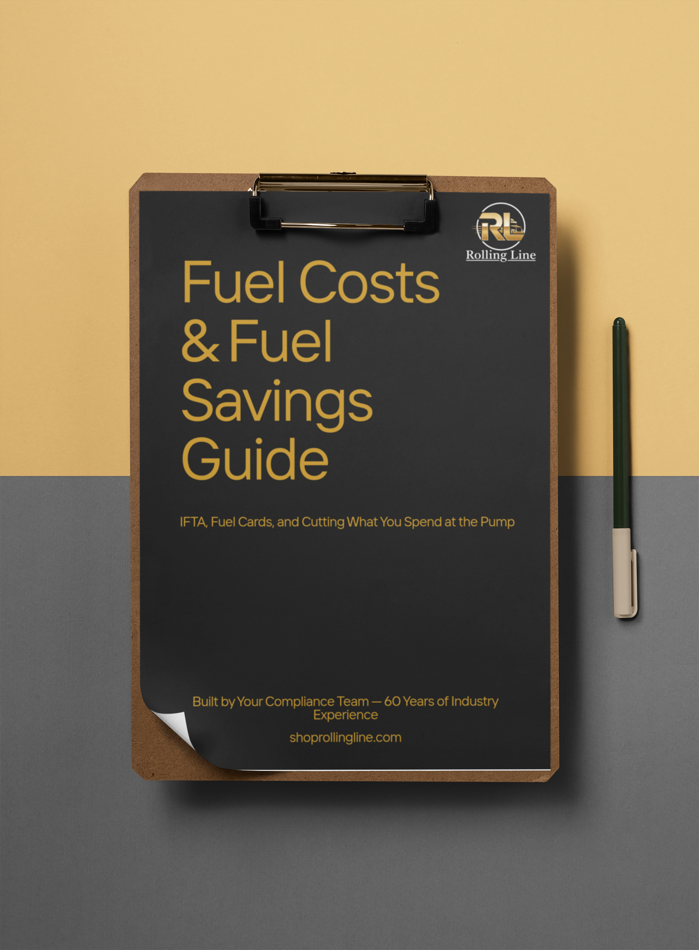 Fuel Costs & Fuel Savings Guide on a clipboard with a pen on a two-tone background