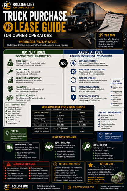 Infographic comparing truck purchase and lease options for owner-operators.
