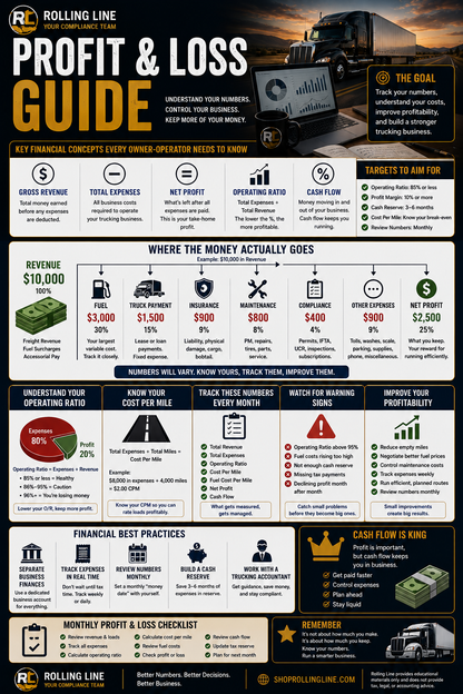 Profit and loss guide infographic for trucking businesses with financial metrics and tips.