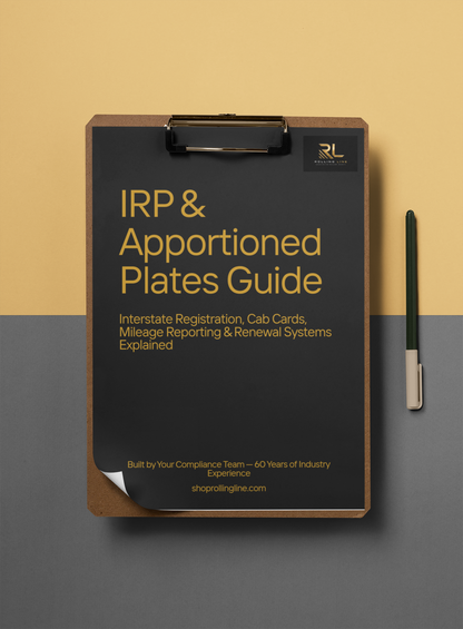 Clipboard with 'IRP & Apportioned Plates Guide' on a two-tone background