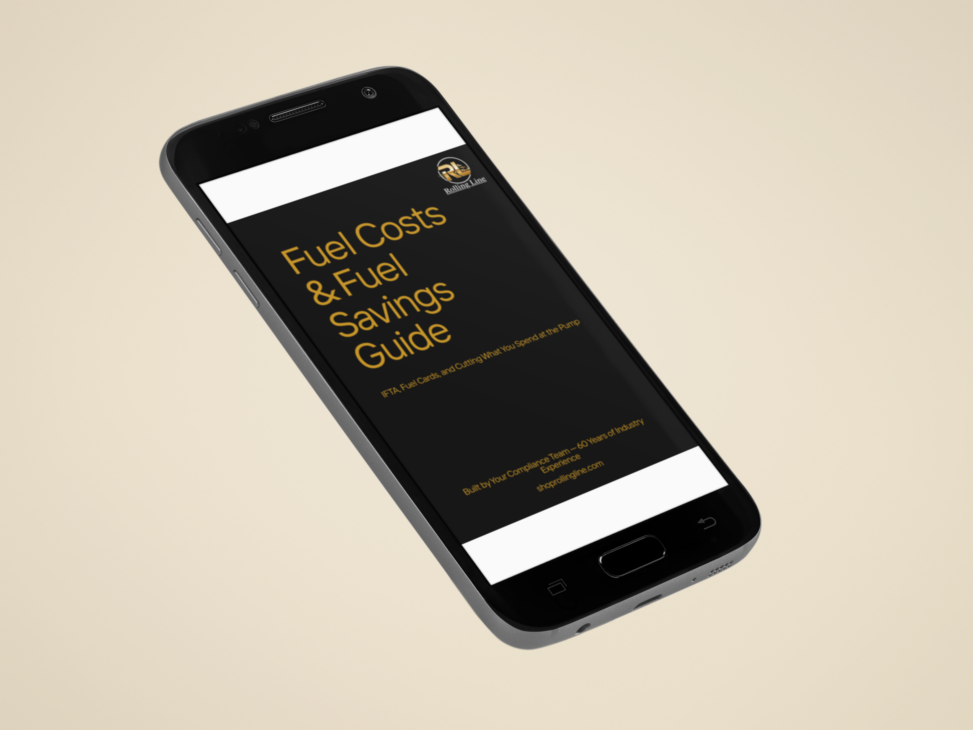 Phone displaying a fuel costs and savings guide on a beige background