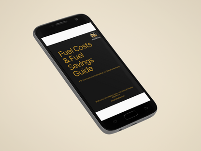 Phone displaying a fuel costs and savings guide on a beige background