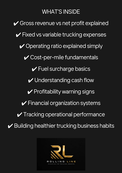 List of financial and operational topics with a Rolling Line logo on a black background