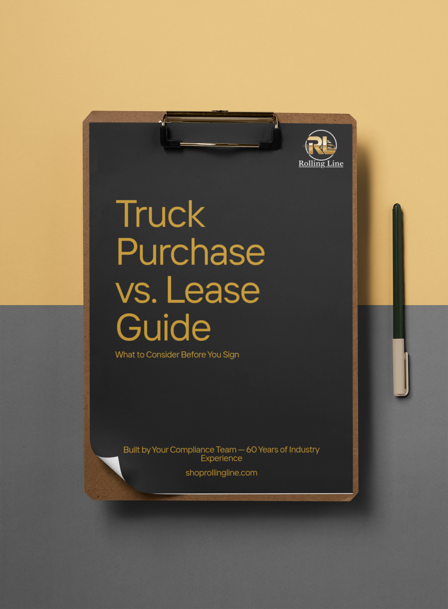 Clipboard with 'Truck Purchase vs. Lease Guide' on a two-tone background