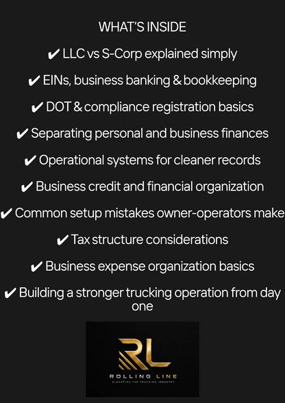 List of topics covered in a business guide with Rolling Line logo on a black background