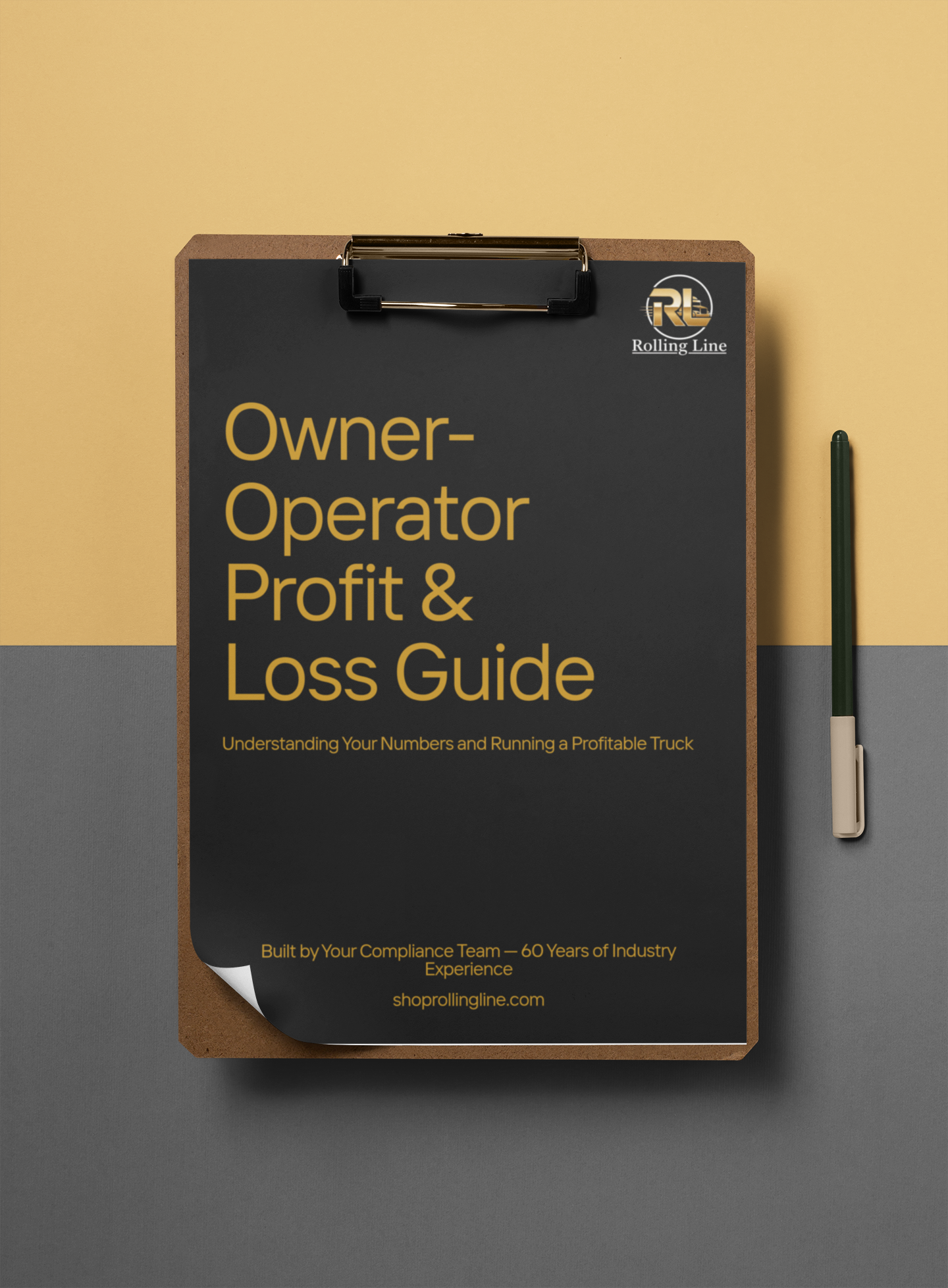 Owner-Operator Profit & Loss Guide on a clipboard with a pen on a two-tone background