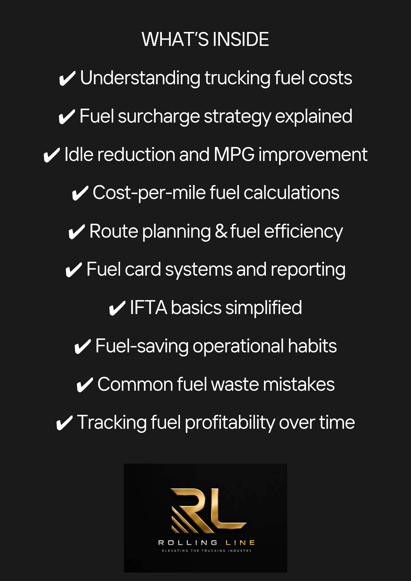 List of topics related to trucking fuel costs and strategies on a black background with Rolling Line logo.