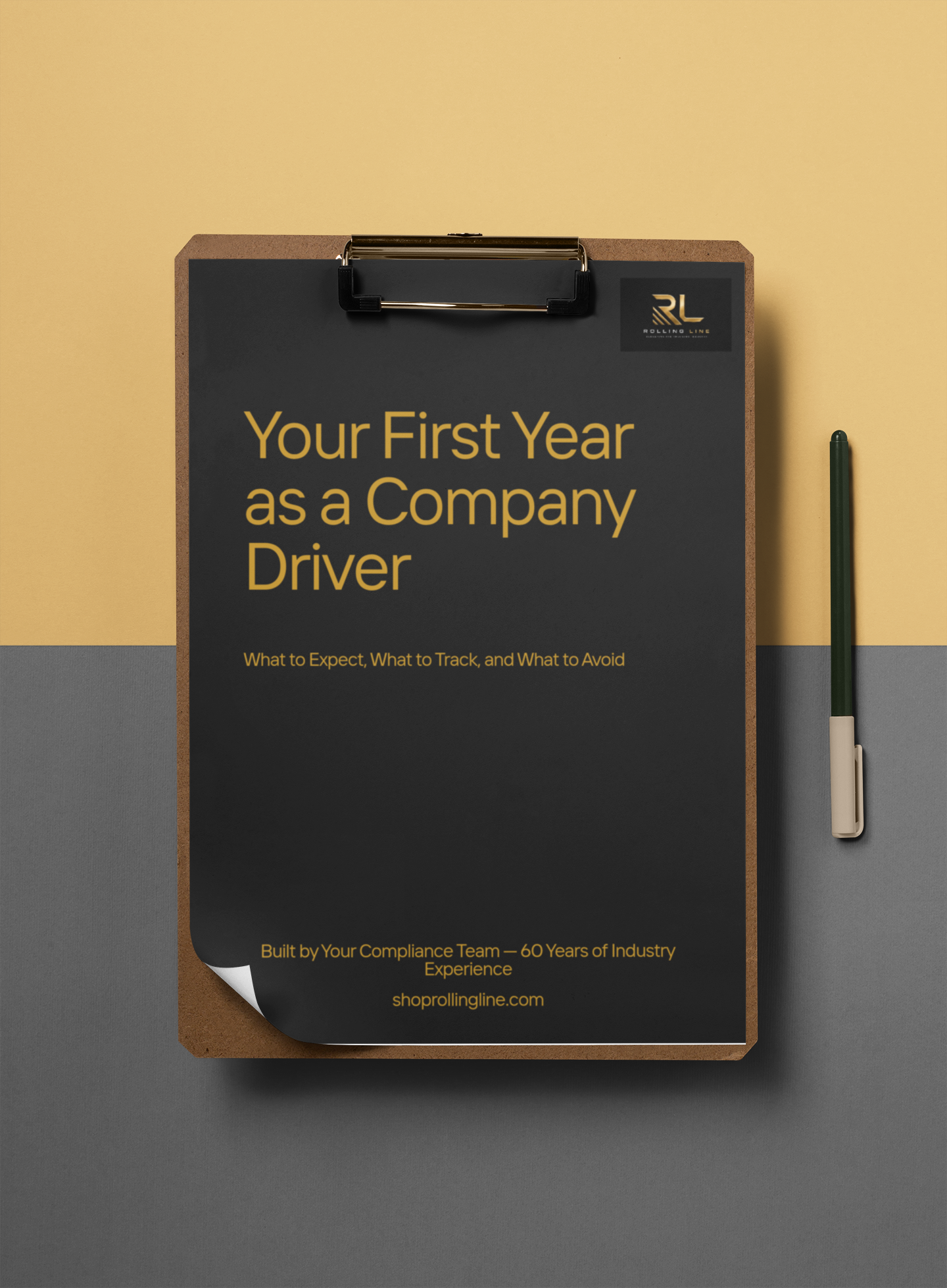 Clipboard with a document titled 'Your First Year as a Company Driver' on a two-tone background