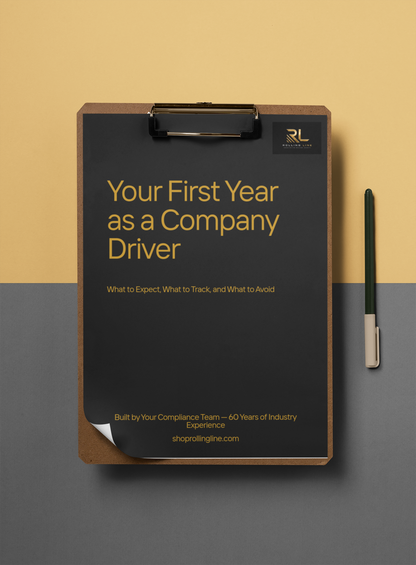Clipboard with a document titled 'Your First Year as a Company Driver' on a two-tone background