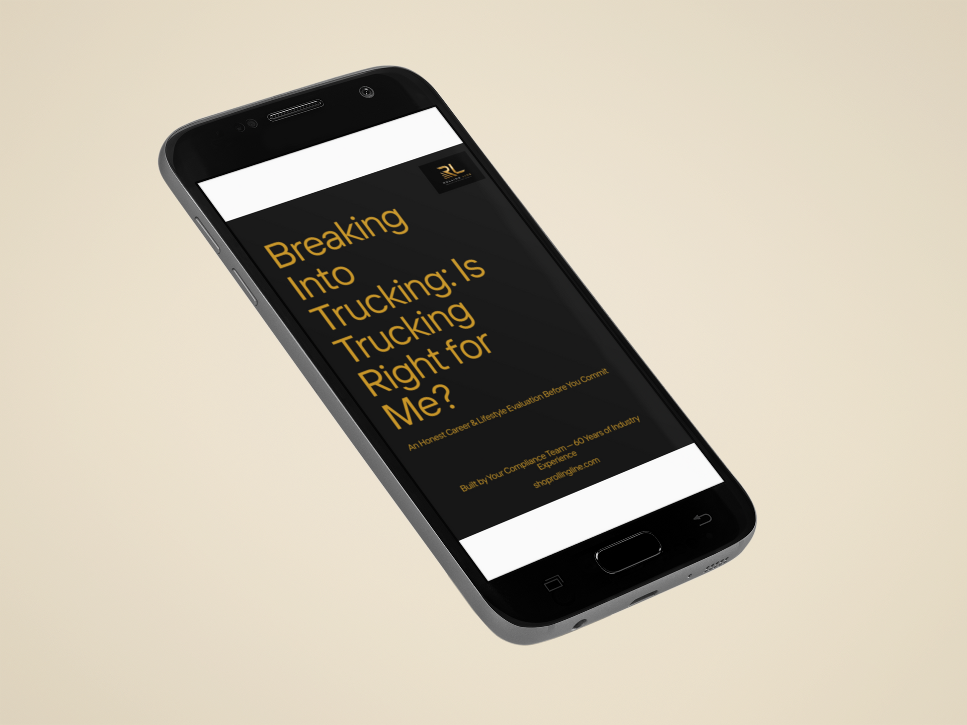 Phone displaying a trucking education app on a beige background