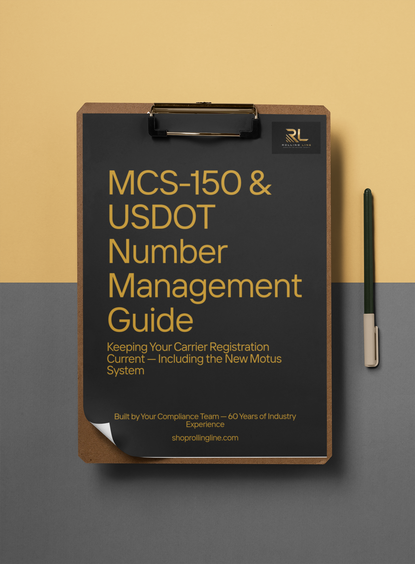 Clipboard with 'MCS-150 & USDOT Number Management Guide' on a yellow and gray background