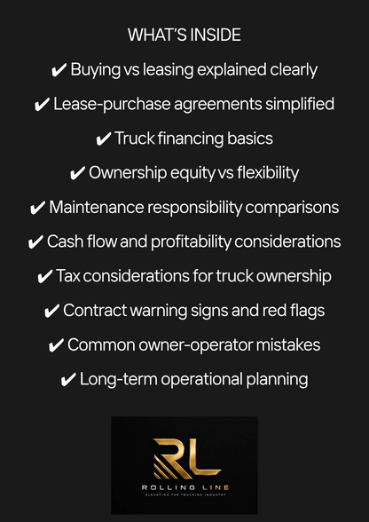List of topics related to truck ownership and financing on a black background with Rolling Line logo.
