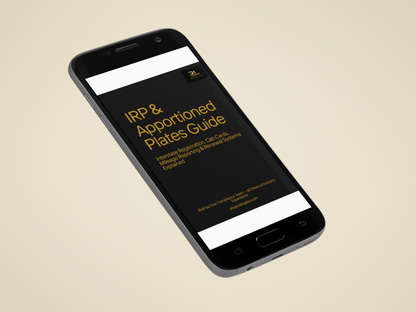Phone displaying a guide titled 'IRP & Apportioned Plates Guide' on a beige background