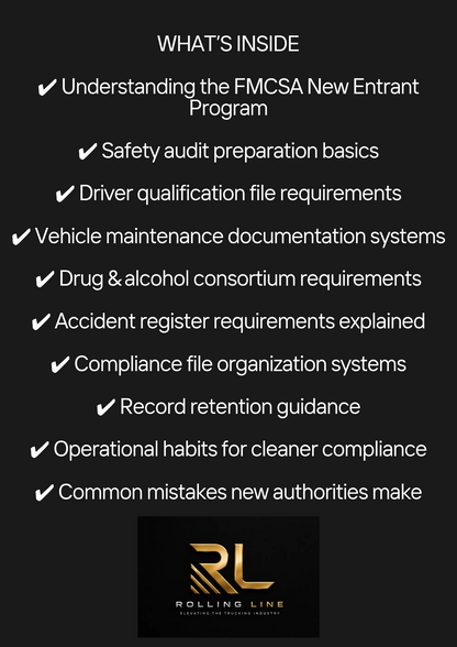List of topics related to the FMCSA New Entrant Program on a black background with Rolling Line logo.