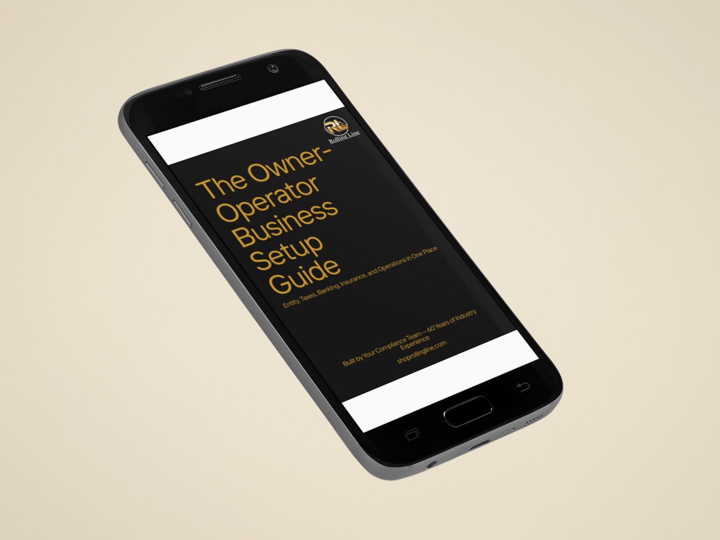 Smartphone displaying 'The Owner Operator Business Setup Guide' on a beige background