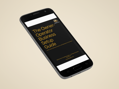 Smartphone displaying 'The Owner Operator Business Setup Guide' on a beige background