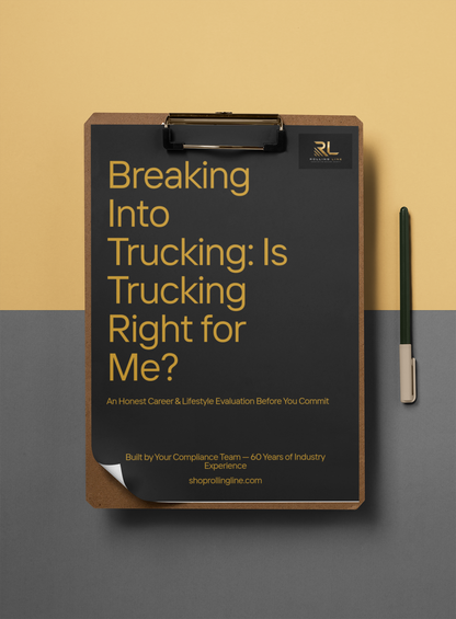 Clipboard with a document titled 'Breaking Into Trucking: Is Trucking Right for Me?' on a yellow and gray background.