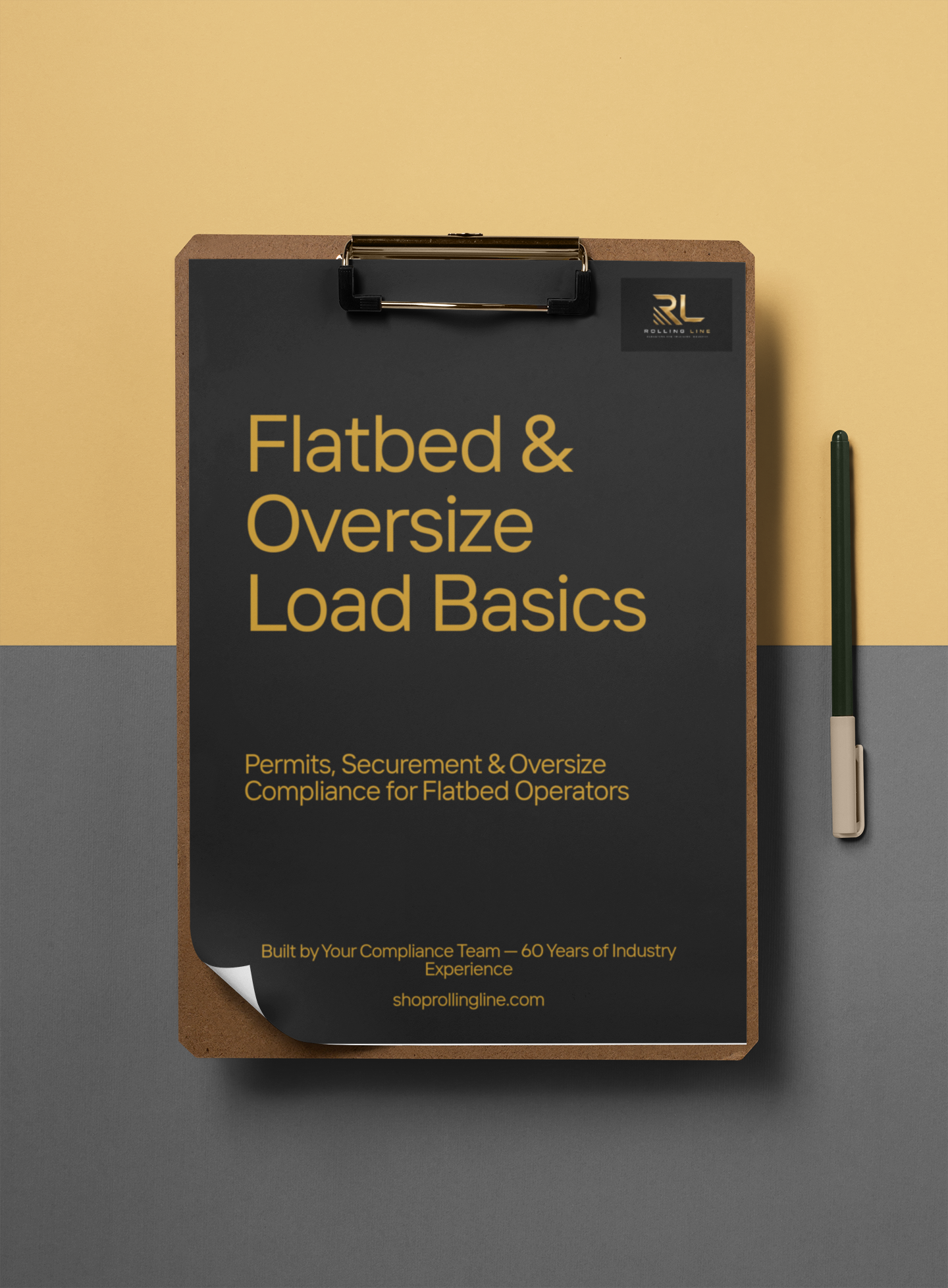Clipboard with 'Flatbed & Oversize Load Basics' text on a two-tone background