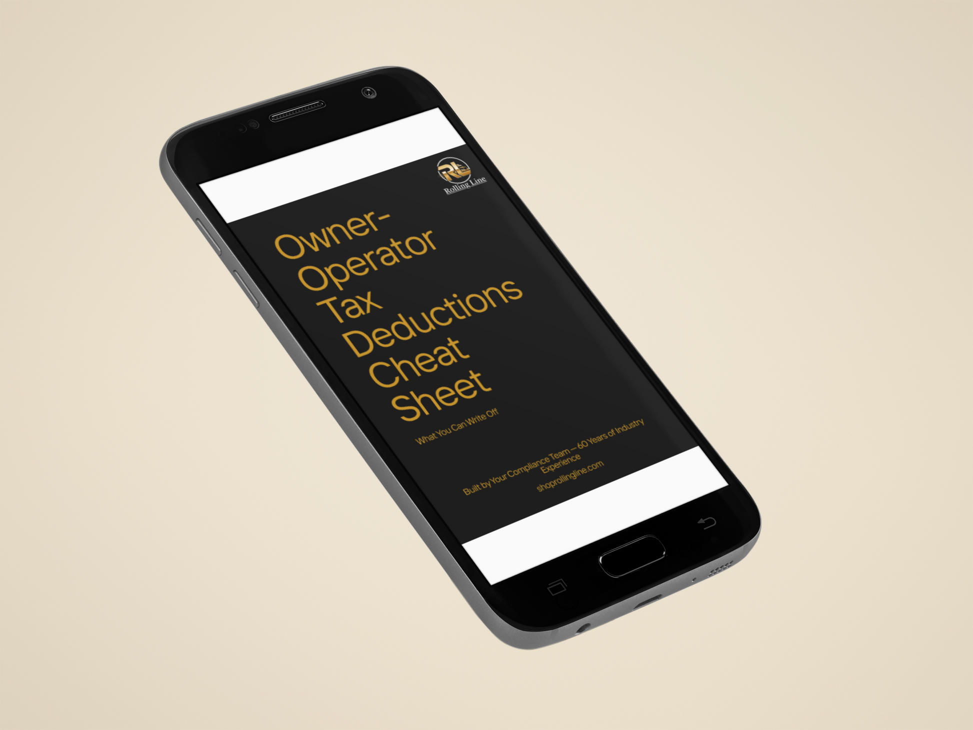 Phone displaying 'Owner-Operator Tax Deductions Cheat Sheet' on a beige background