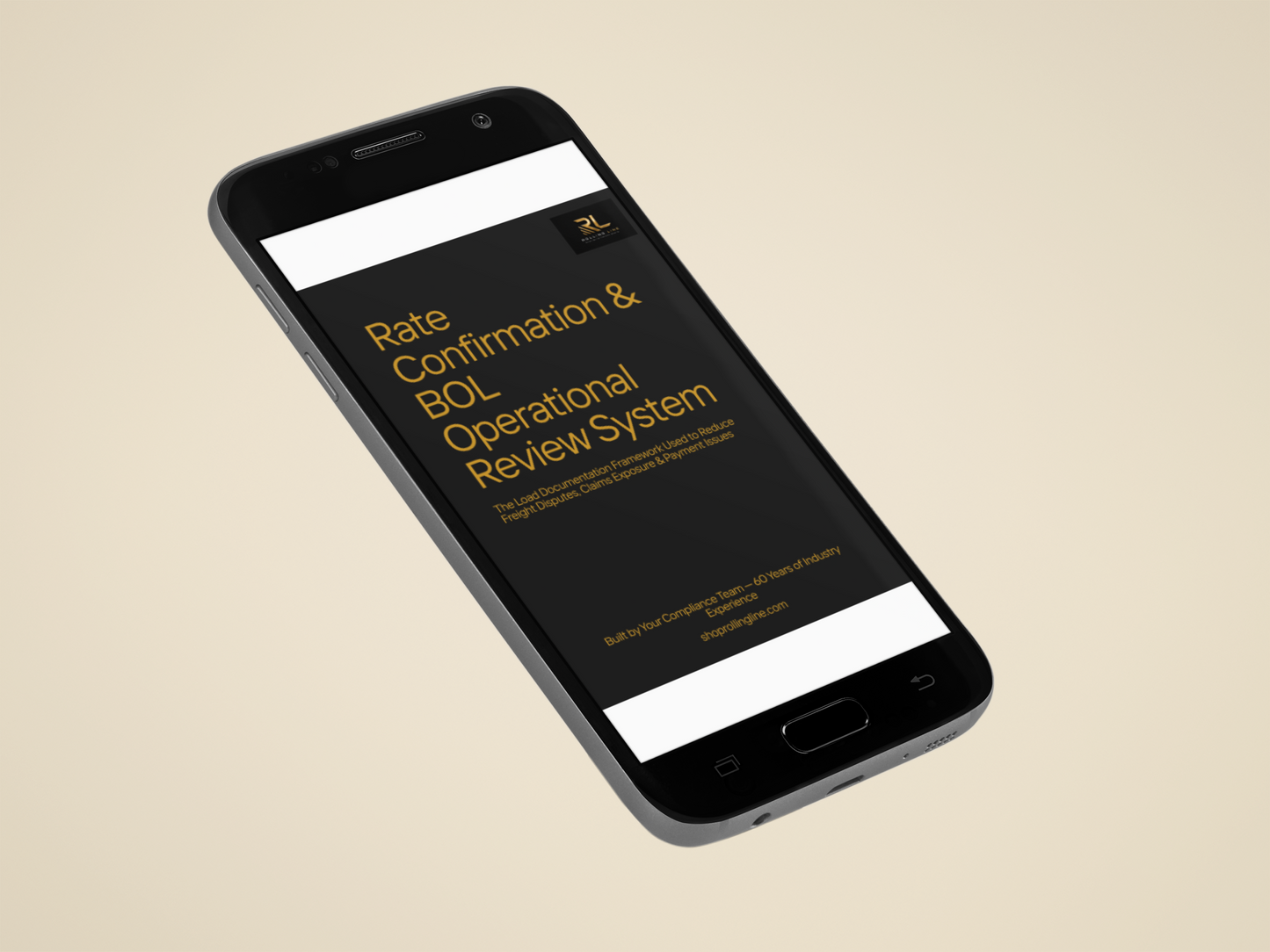 Phone displaying 'Rate Confirmation & BOL Operational Review System' on a beige background