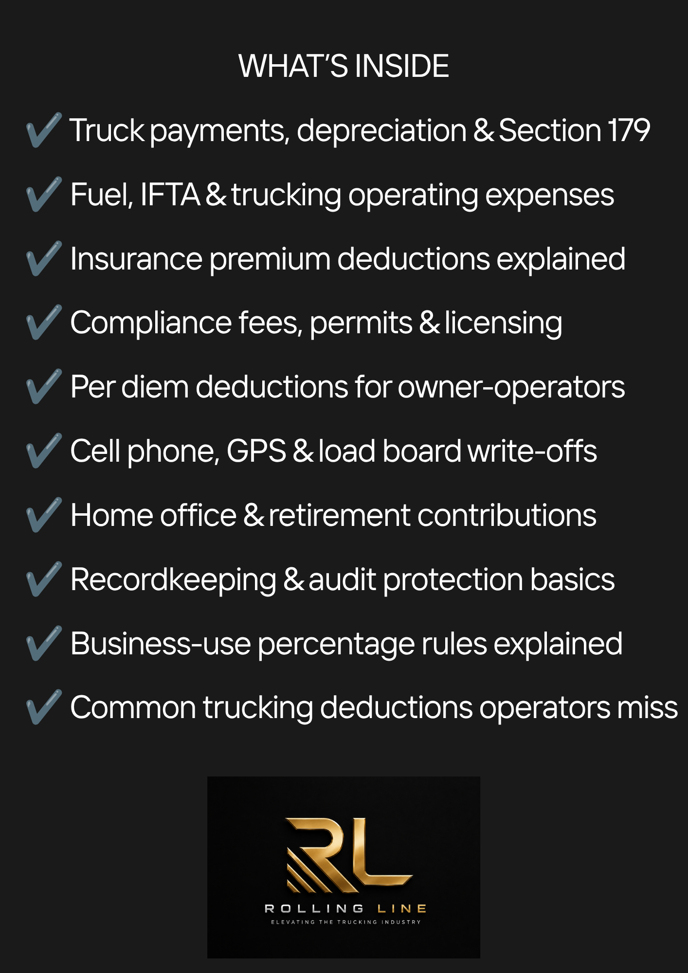 List of topics covered in a document related to trucking industry expenses and deductions, with Rolling Line logo at the bottom.
