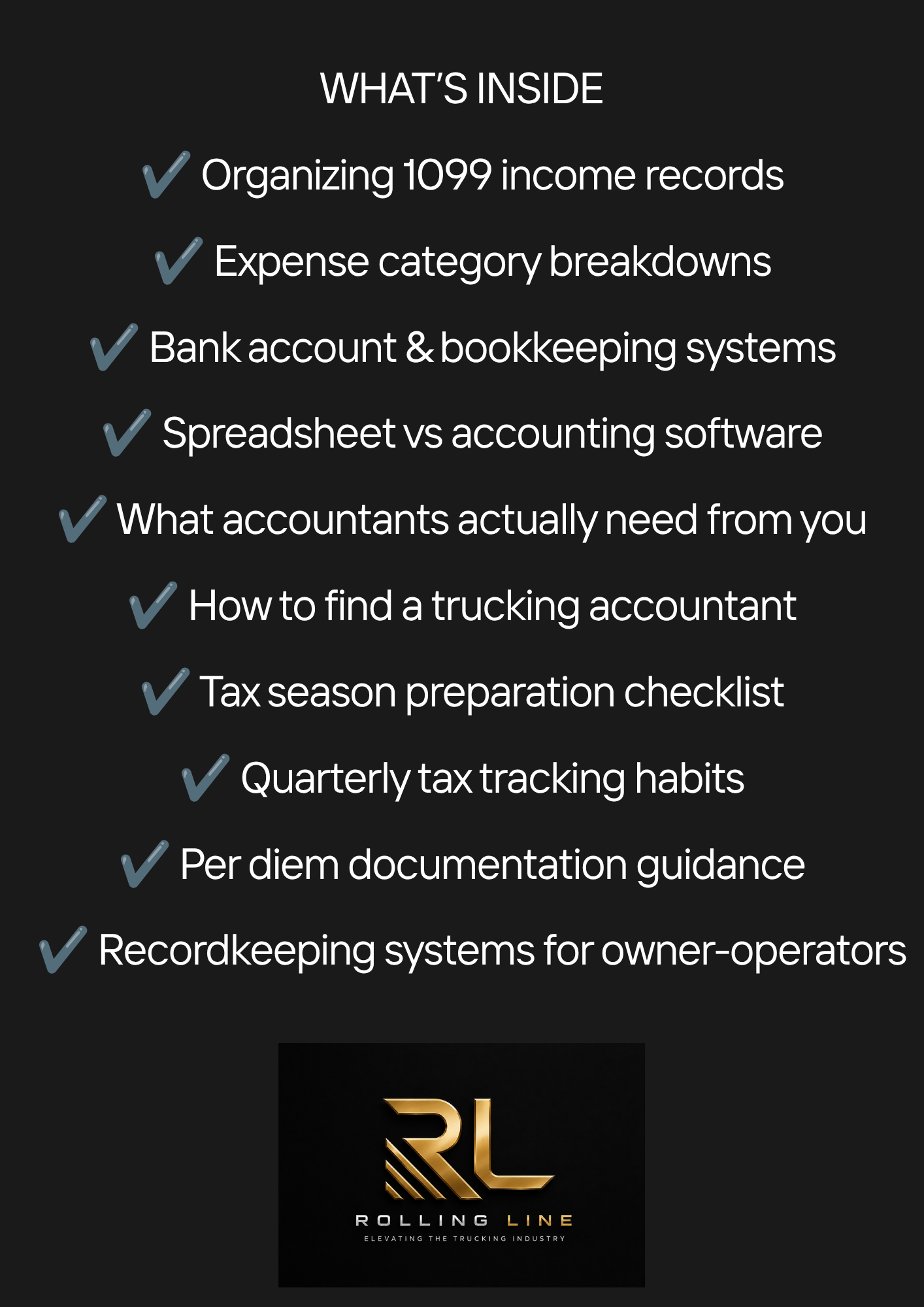List of tax preparation topics with Rolling Line logo on a black background