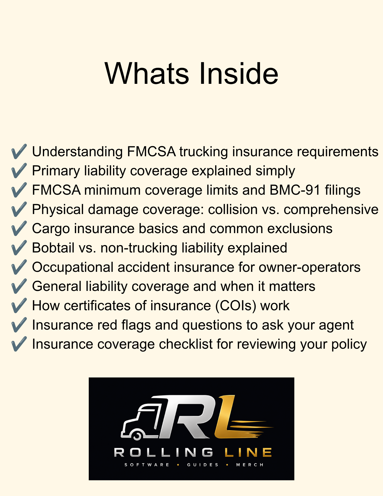 List of insurance topics with Rolling Line Software logo on a white background