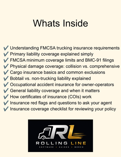 List of insurance topics with Rolling Line Software logo on a white background